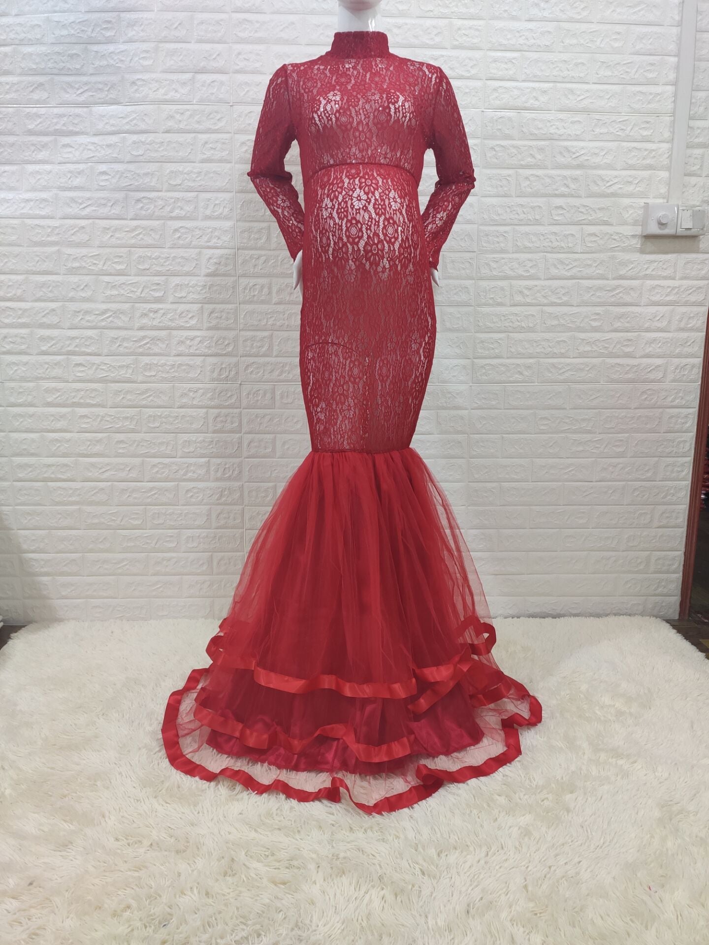Seindeal Patchwork Lace Long Sleeve Pregnant Maxi Maternity Mermaid Dress for PhotoshootHalloween