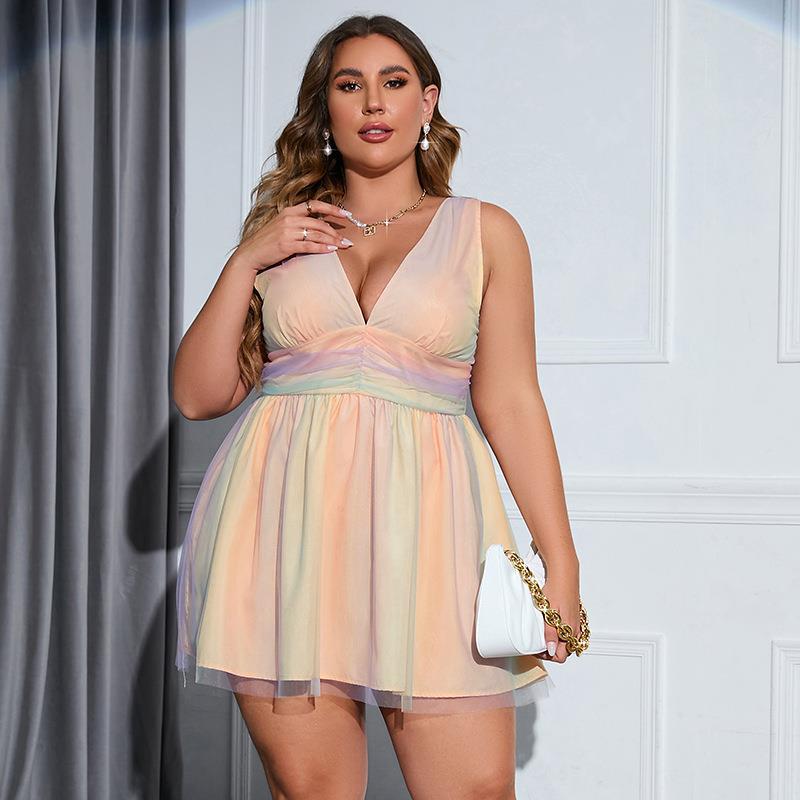 Seindeal Gradient Rainbow Flowy Elegant Photoshoot Mini Plus Size Women Dress for Evening Party