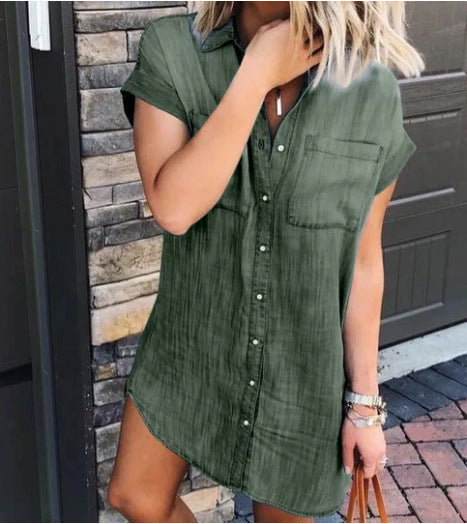 Seindeal Pockets Buttons V-neck Short Sleeve Denim Mini Maternity Top Shirt