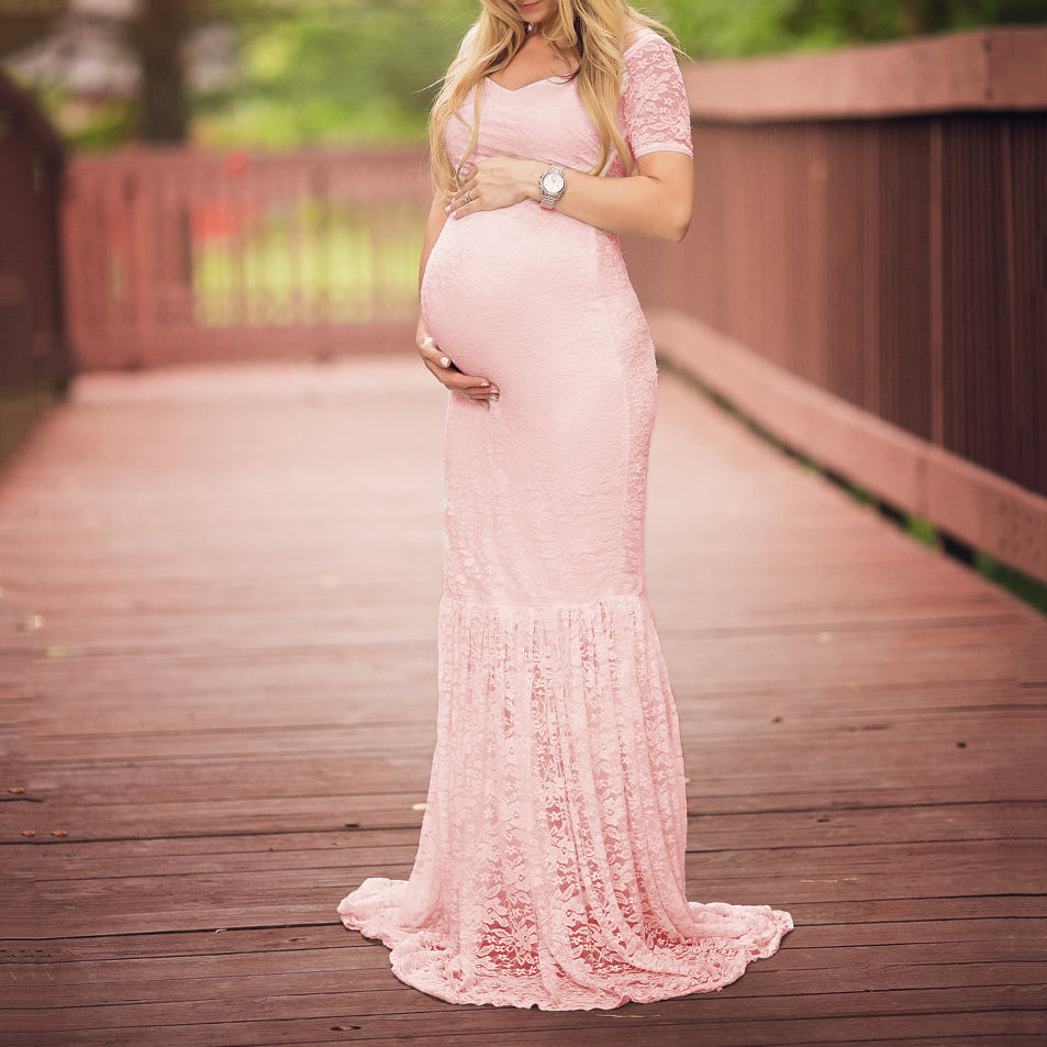 Seindeal Boho Pink Lace Plus Size Maternity Dress Cheap Pleated Bodycon Mermaid Maxi Dress for Photoshoot