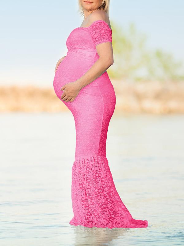 Seindeal Boho Pink Lace Plus Size Maternity Dress Cheap Pleated Bodycon Mermaid Maxi Dress for Photoshoot