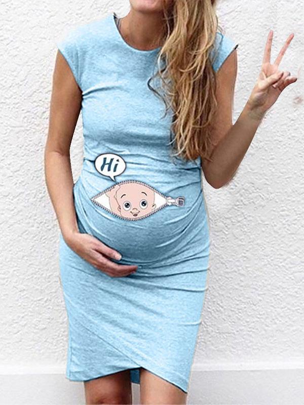 Seindeal Baby Print Round Neck Short Sleeve Mini Maternity Bodycon Dress Blue and Pink