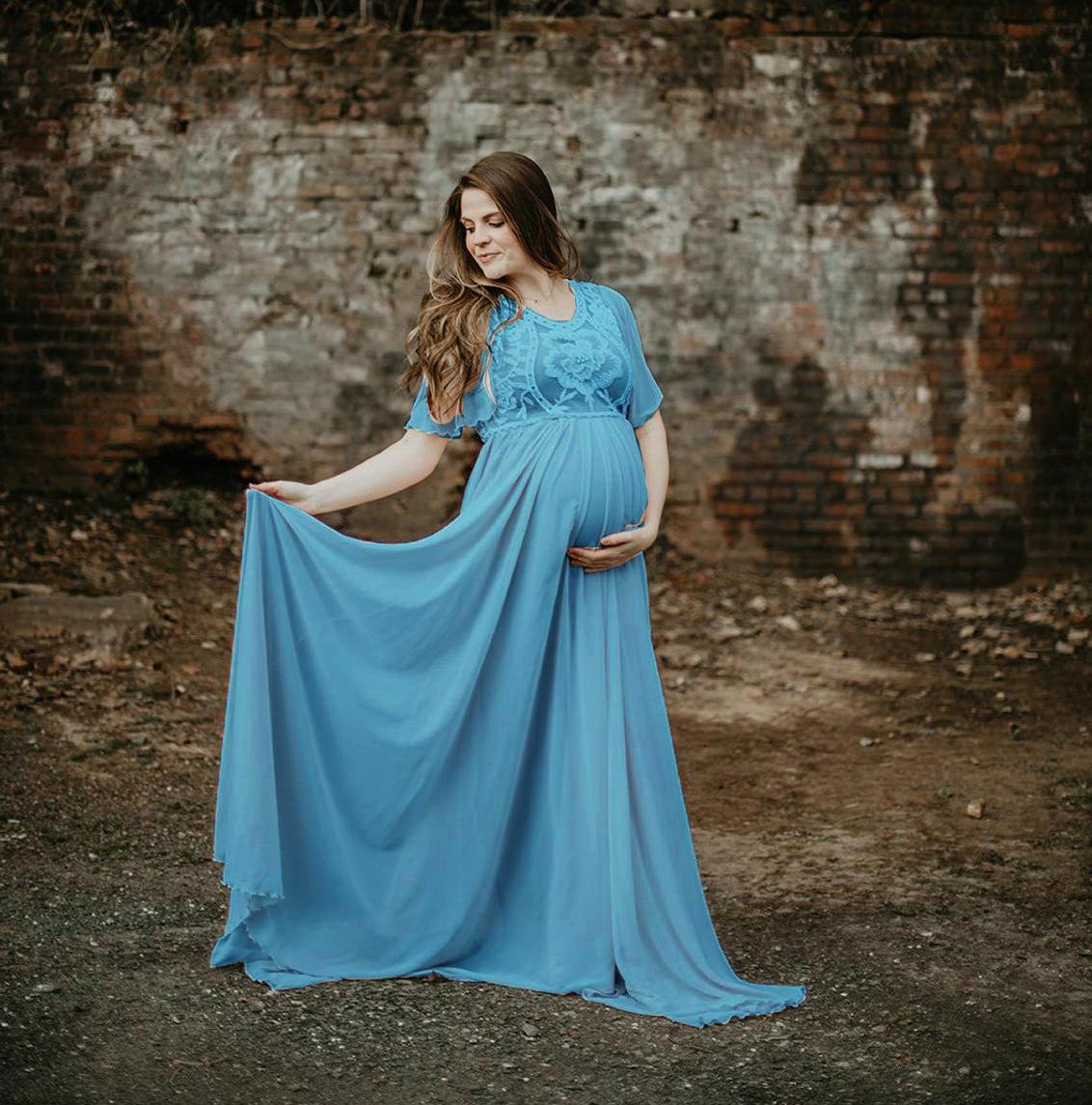 Lace Round Neck Short Sleeve Flower Print Maternity Photoshoot Maxi Dress
