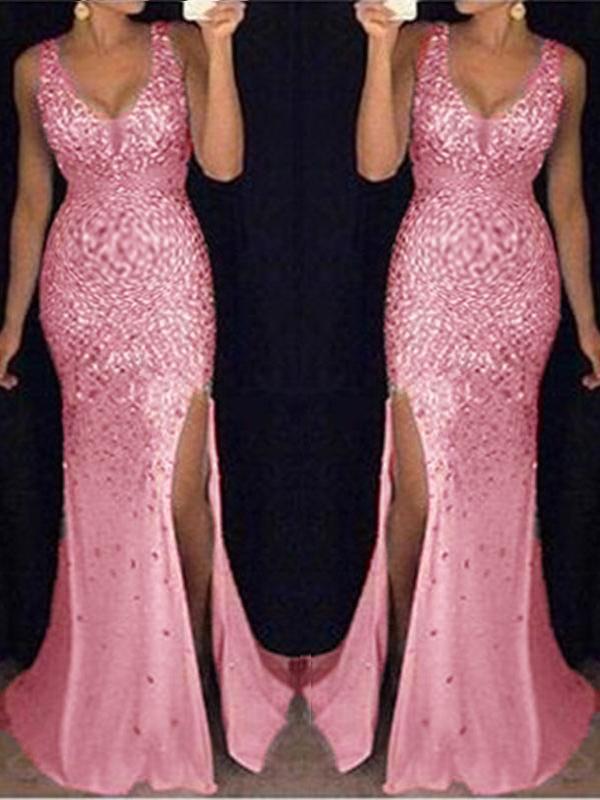Sequin Fitted Slit V-neck Sleeveless Banquet Maternity Maxi Dress
