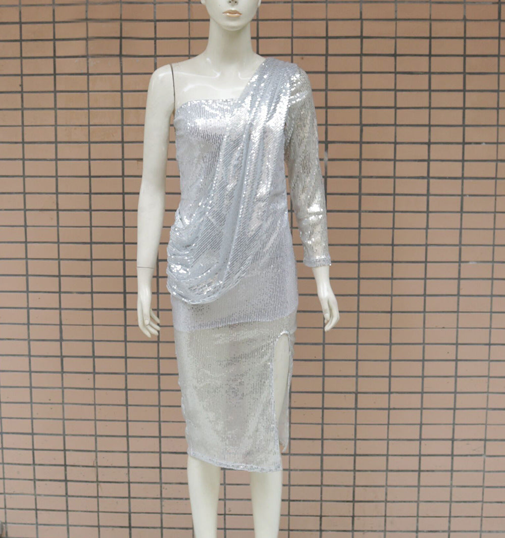 Sequin One Shoulder Bodycon Boat Neck Long Sleeve Side Slit Sleeveless Irregular Maternity Midi Dress