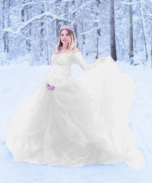 Off Shoulder Bodyocn Long Sleeve Tulle Tutu Babyshower Maternity Maxi Dress