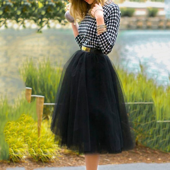 Seindeal Black Midi Plus Size Skirt Plain Pleated High Waisted Party Evening Tutu Tulle Skirt Dress
