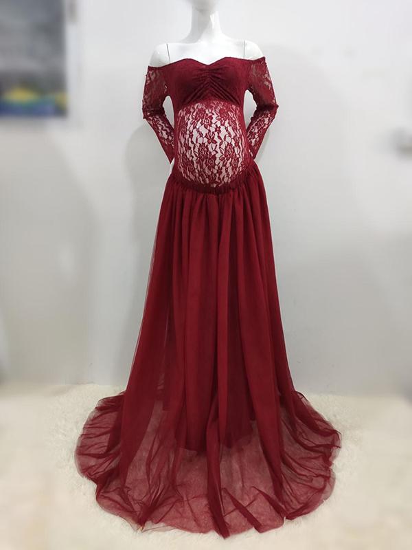 Off Shoulder Bodyocn Long Sleeve Tulle Tutu Babyshower Maternity Maxi Dress