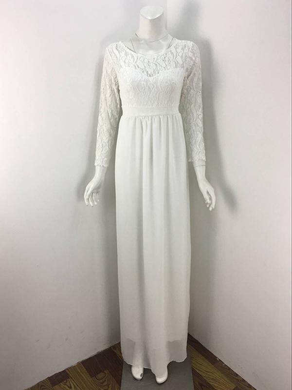 White Splicing Lace Draped Round Neck Elegant Maternity Dress Maxi Dress Evening Dress For Pregnant Women