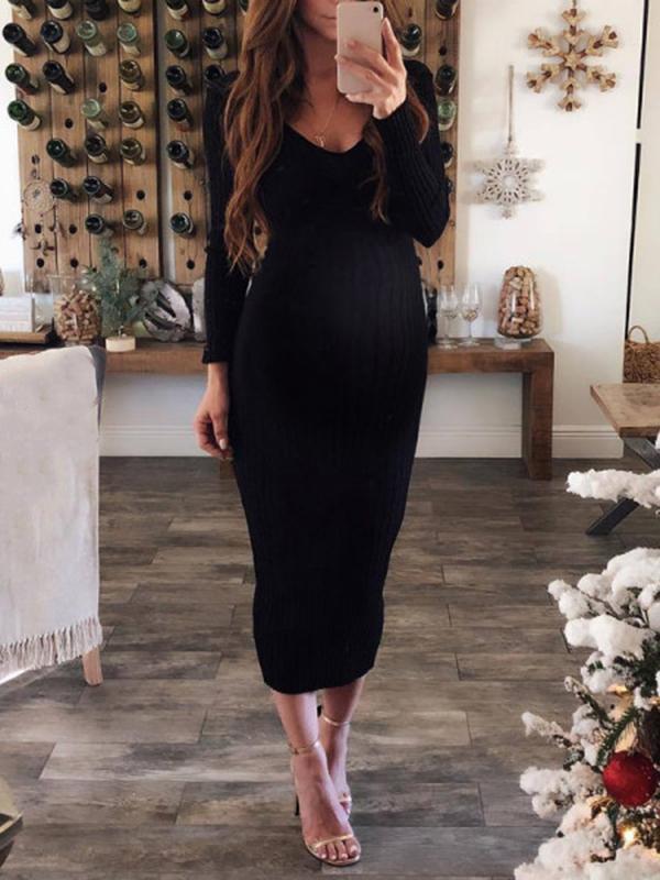 Bodycon V-neck Backless Long Sleeve Maternity Sweater Midi Dress