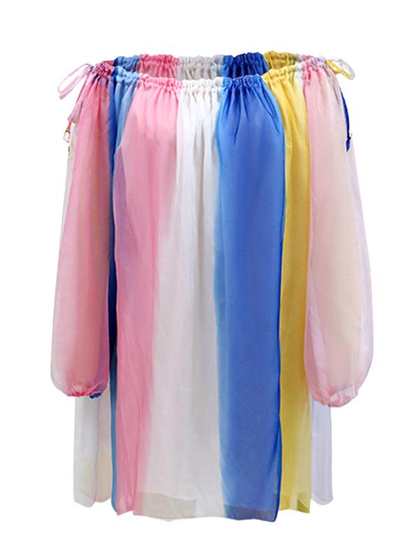 Rainbow Off Shoulder Drawstring Flowy Boat Neck Long Sleeve Maternity Mini Dress