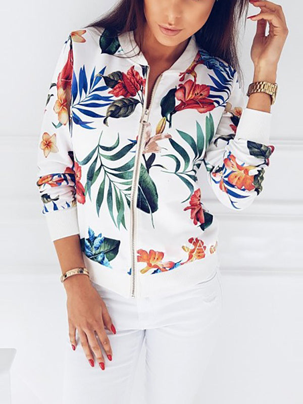 Flowers Colorful Zipper Casual Blouson Bomber Jacket Aviator Jacket Short Women Fashion