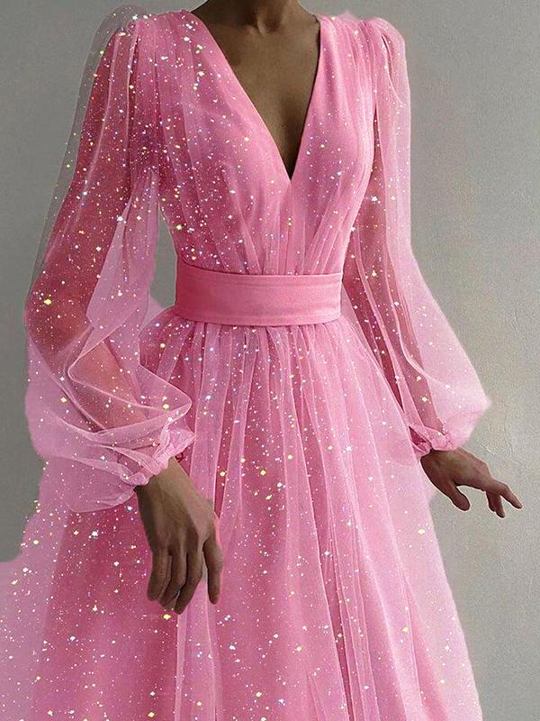Sequin Mesh Pleated V-Neck Long Sleeve Women Midi Dresses Elegant Dress Evening Dress
