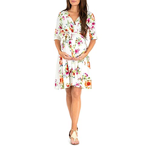 Women's Floral Maternity Wrap Dress Short Length V Neck with Waist Belt