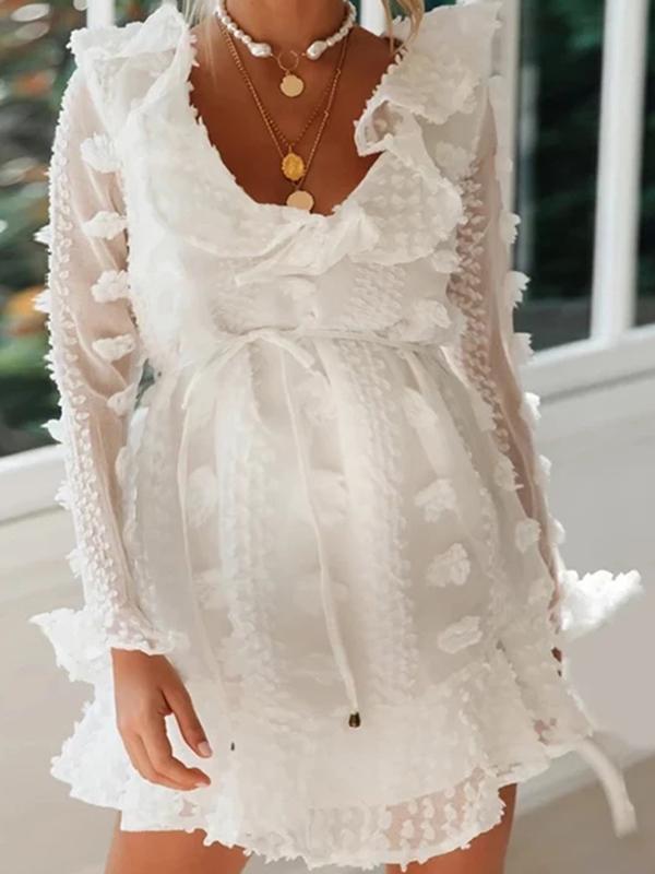 Solid Ruffle Lace Grenadine Belt V-neck Long Sleeve Honey Girl Maternity Mini Dress