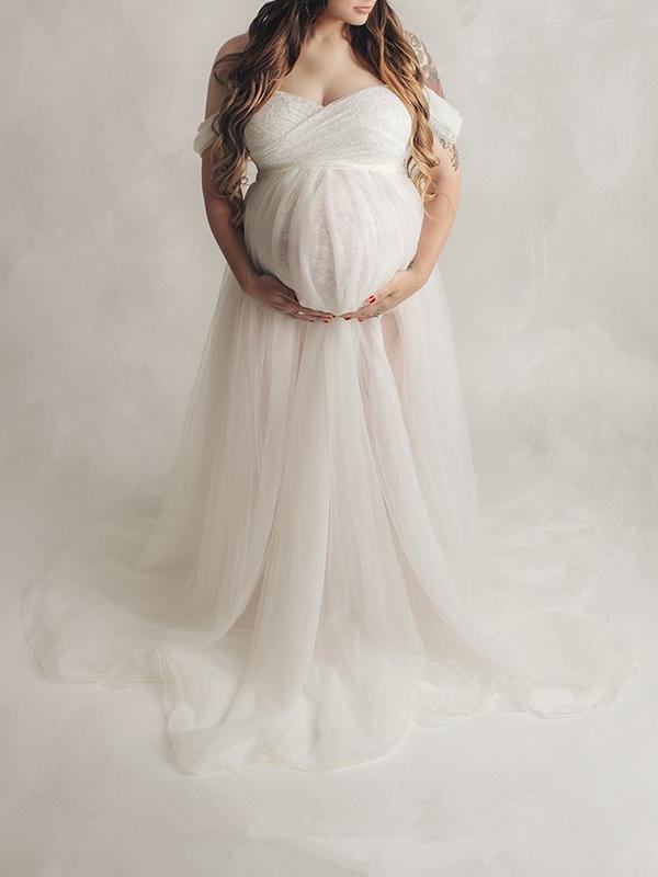 Lace Mesh Off Shoulder Baby Shower Photoshoot Maternity Maxi Dress