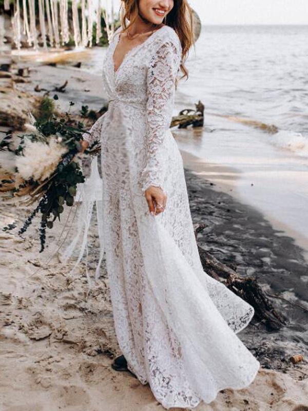 Seindeal Lace V-neck Backless Baby Shower Wedding Maternity Dress for Guest