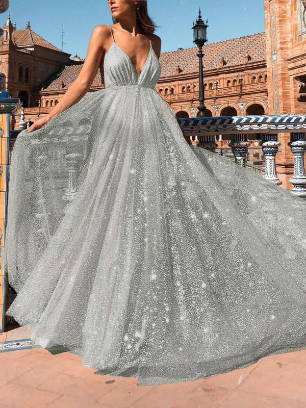 Spaghetti Straps Sequin Glitter V-neck Train Backless Elegant Maternity Maxi Dress