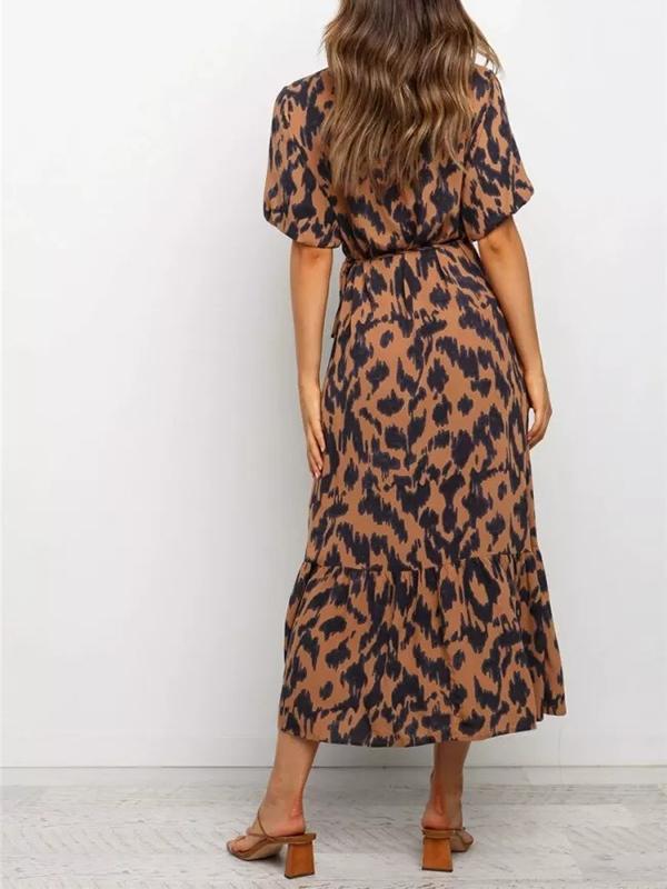 Leopard Slit Flowy Below Knee V-neck Short Sleeve Party Materniaty Midi Dress