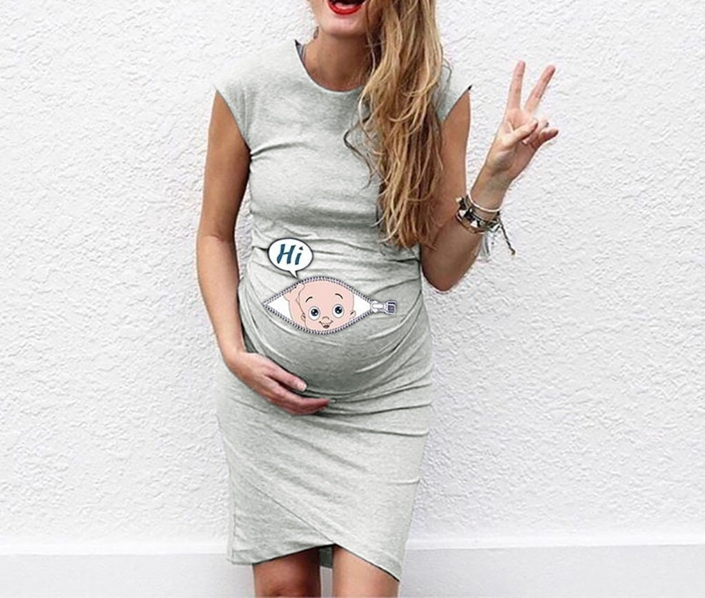 Seindeal Baby Print Round Neck Short Sleeve Mini Maternity Bodycon Dress Blue and Pink