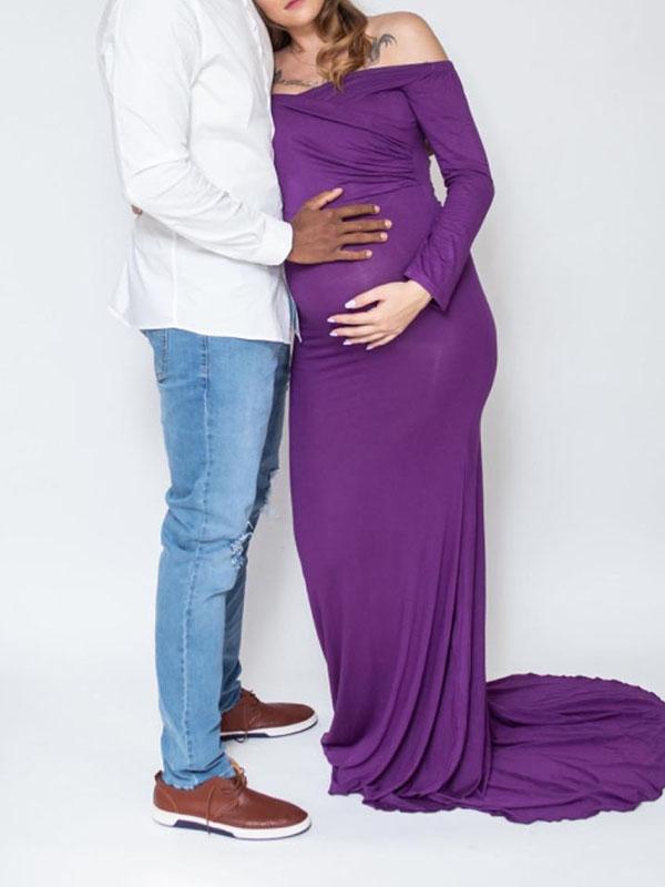 Seindeal Off Shoulder Backless Draped Mermaid Maternity Photoshoot Dress Pink