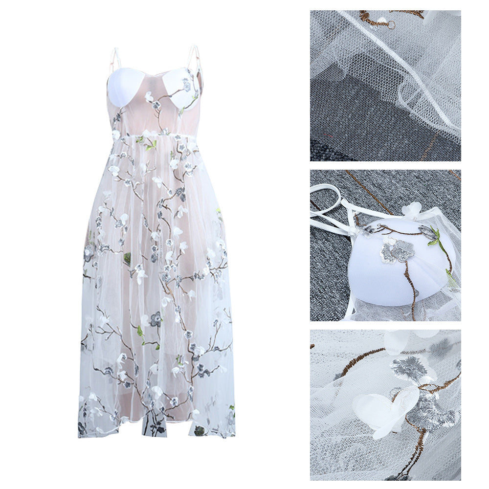 Flowers Sheer Grenadine Embroidery Condole Belt Maternity Maxi Dress