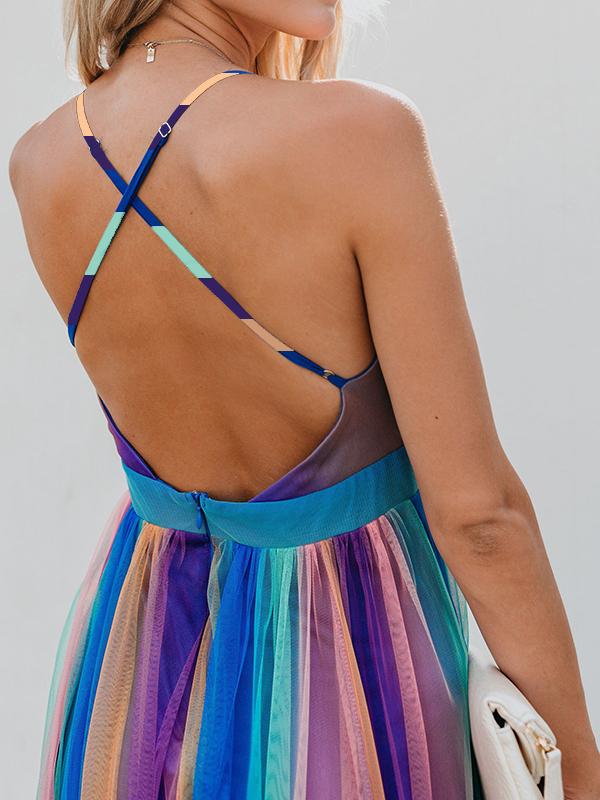 Seindeal Rainbow Shoulder-Strap Grenadine V-neck Maternity for BabyShower Maxi Dress