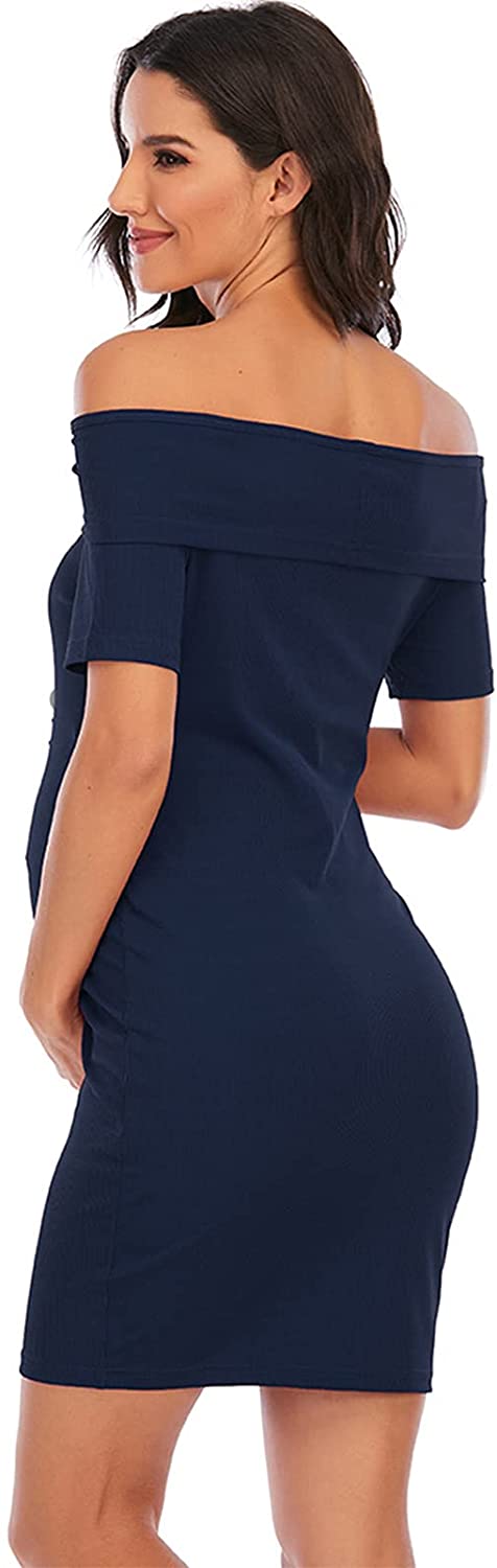 Women's Maternity Dress Off Shoulder Ruffle Sleeveless Bodycon Dress for Baby Shower