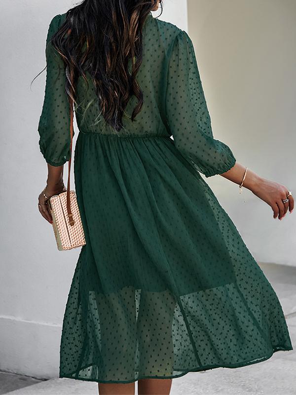 Solid Color Ruffle Mesh V-Neck Half-Length Midi Dresses Women Fashion Elegant Dress