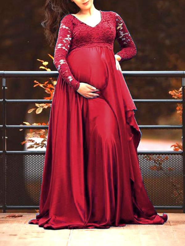 Lace Irregular Long Sleeve Baby Shower Photoshoot Maternity Maxi Dress