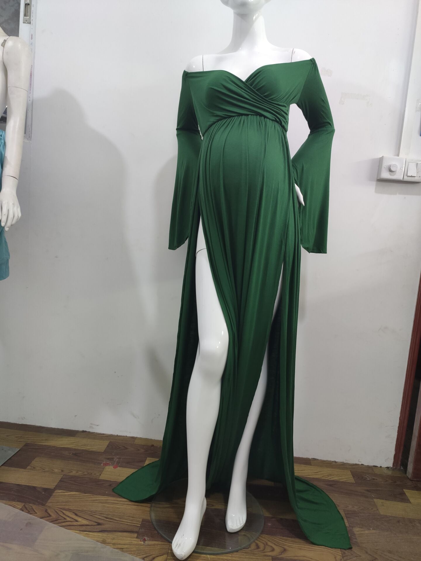Seindeal Off Shoulder Flare Long Sleeve Double SlitMaxi Maternity Dress for Baby Shower Fall