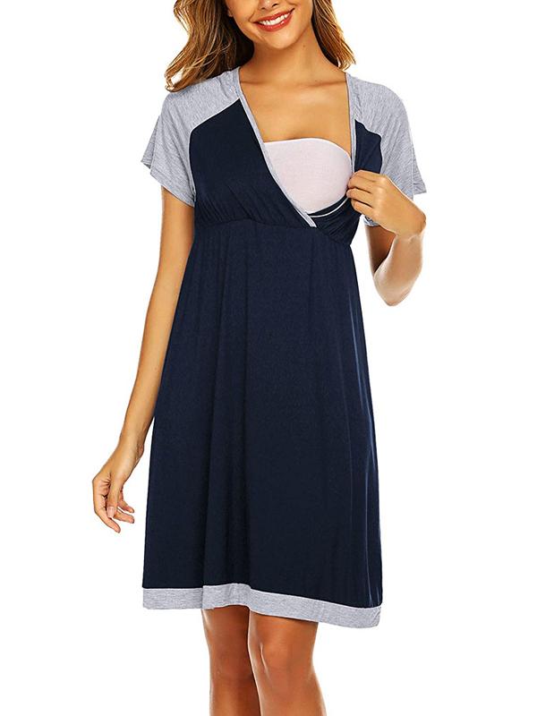Seindeal Draped V-neck Short Sleeve Maternity Nursing Pajama Mini Dress