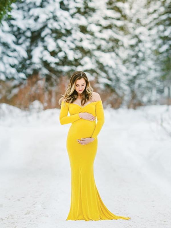Seindeal Solid Color Off Shoulder Maxi Baby Shower Mermaid Maternity Dress for Photoshoot