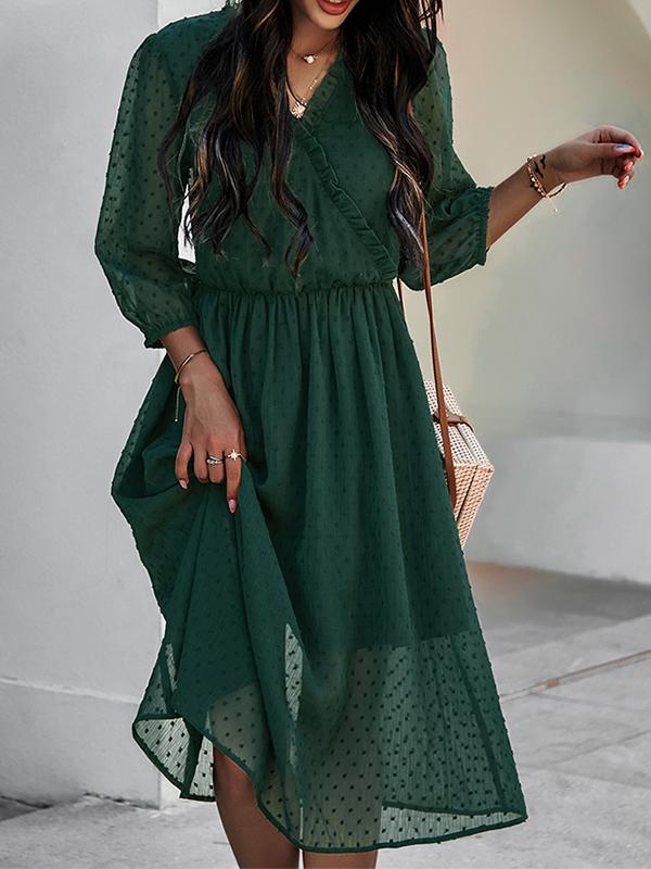Solid Color Ruffle Mesh V-Neck Half-Length Midi Dresses Women Fashion Elegant Dress