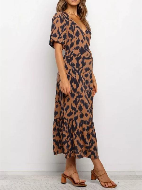 Leopard Slit Flowy Below Knee V-neck Short Sleeve Party Materniaty Midi Dress