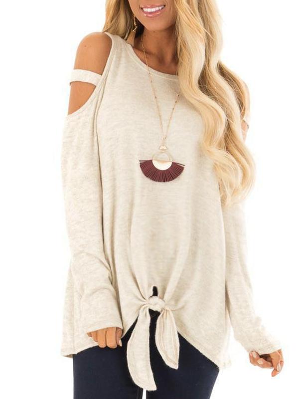 Solid Cut Out Belt Comfy Round Neck Long Sleeve Maternity T-Shirt