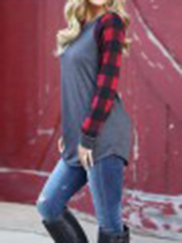 Seindeal Christmas Red Plaid Print Round Neck Plus Size Long Sleeve Maternity T-shirt