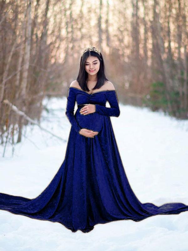 Off Shoulder Velvet Long Sleeve Baby Shower Maternity Maxi Dress