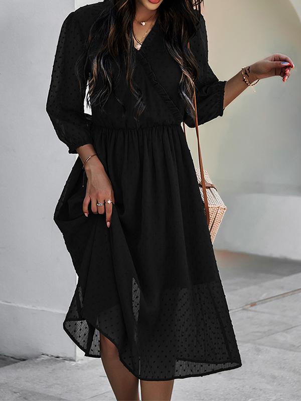 Solid Color Ruffle Mesh V-Neck Half-Length Midi Dresses Women Fashion Elegant Dress