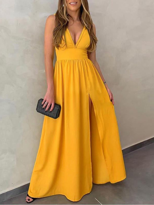 Slit V-Neck Sleeveless Elegant Women Maxi Dresses Evening Dresses Ball Gown