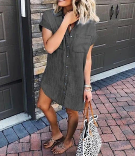 Seindeal Pockets Buttons V-neck Short Sleeve Denim Mini Maternity Top Shirt
