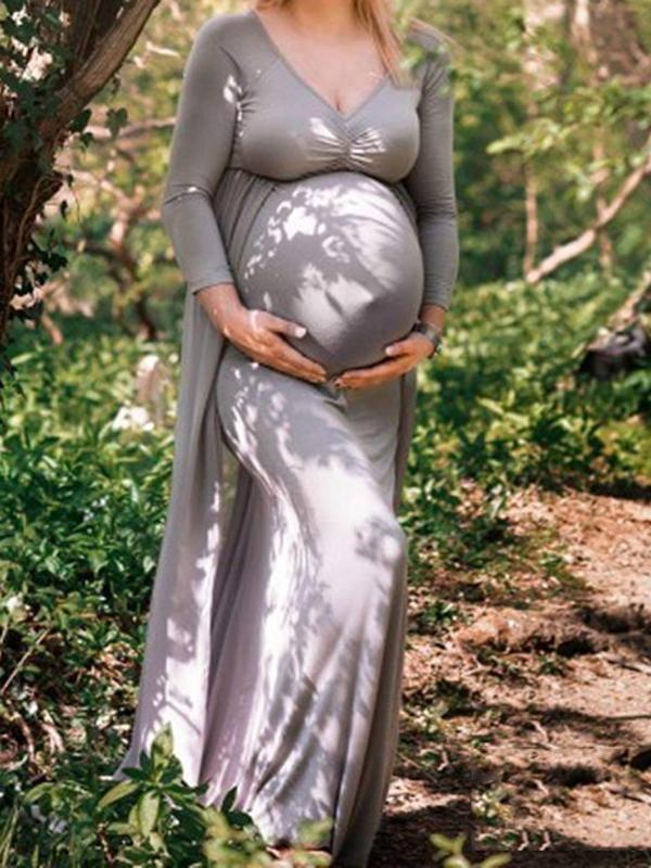 Seindeal Off Shoulder Grenadine Backless Cloak Mermaid Maternity Photoshoot Dress Grey