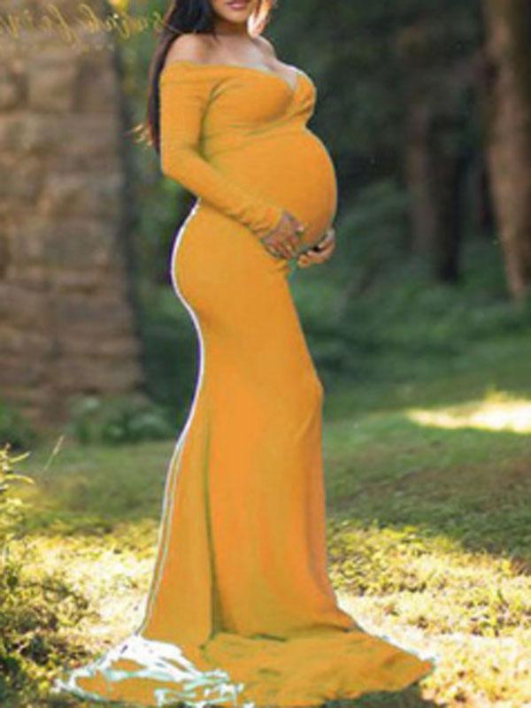 Seindeal Off Shoulder Backless Draped Mermaid Maternity Photoshoot Dress Pink