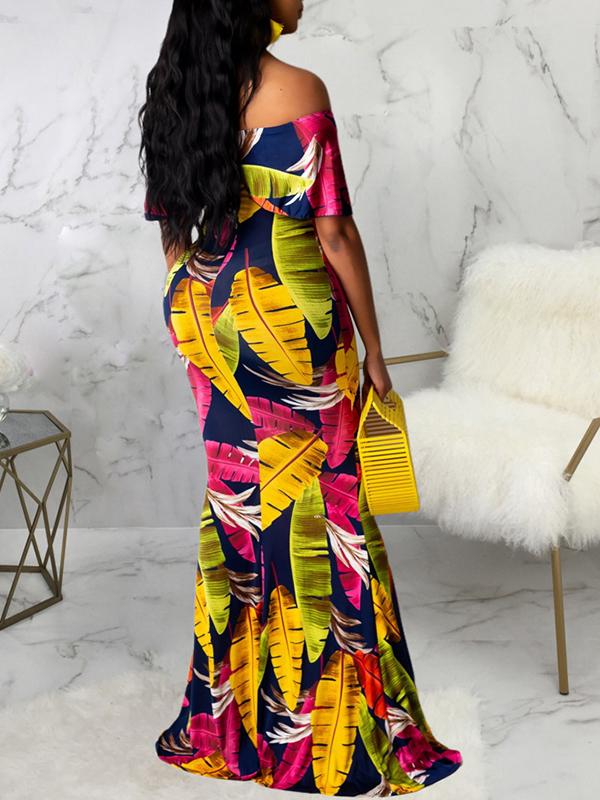 Palm Leaf Print Off Shoulder Bodycon Mermaid Prom Maternity Maxi Dress