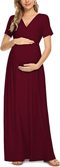 Seindeal Draped V-neck Short Sleeve Elegant Maxi Maternity Dress