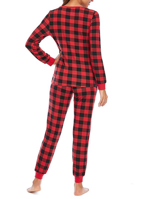 Buffalo Plaid Round Neck Long Sleeve Maternity Long Pajama Set