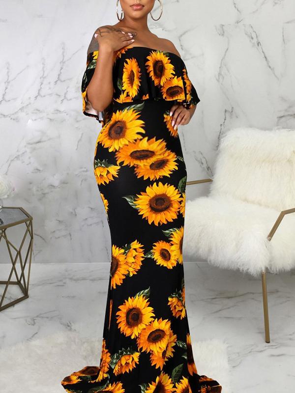 Seindeal Sunflowers Off Shoulder Ruffle Baby Shower Maternity Photoshoot Maxi Dress