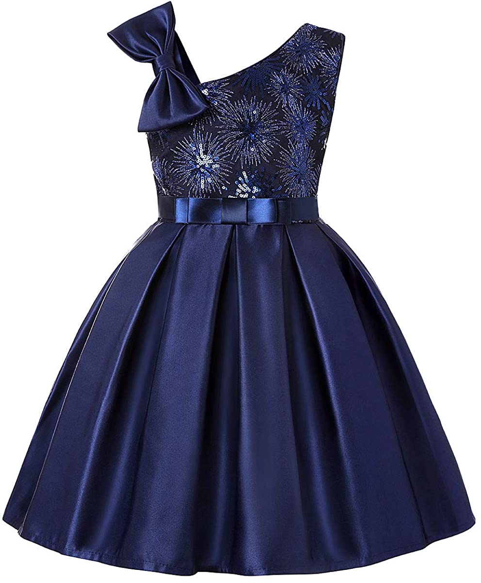 Girls Sequin Dresses Single Shoulder Princess Kids Gown for Birthday Party 2-10Years UK
