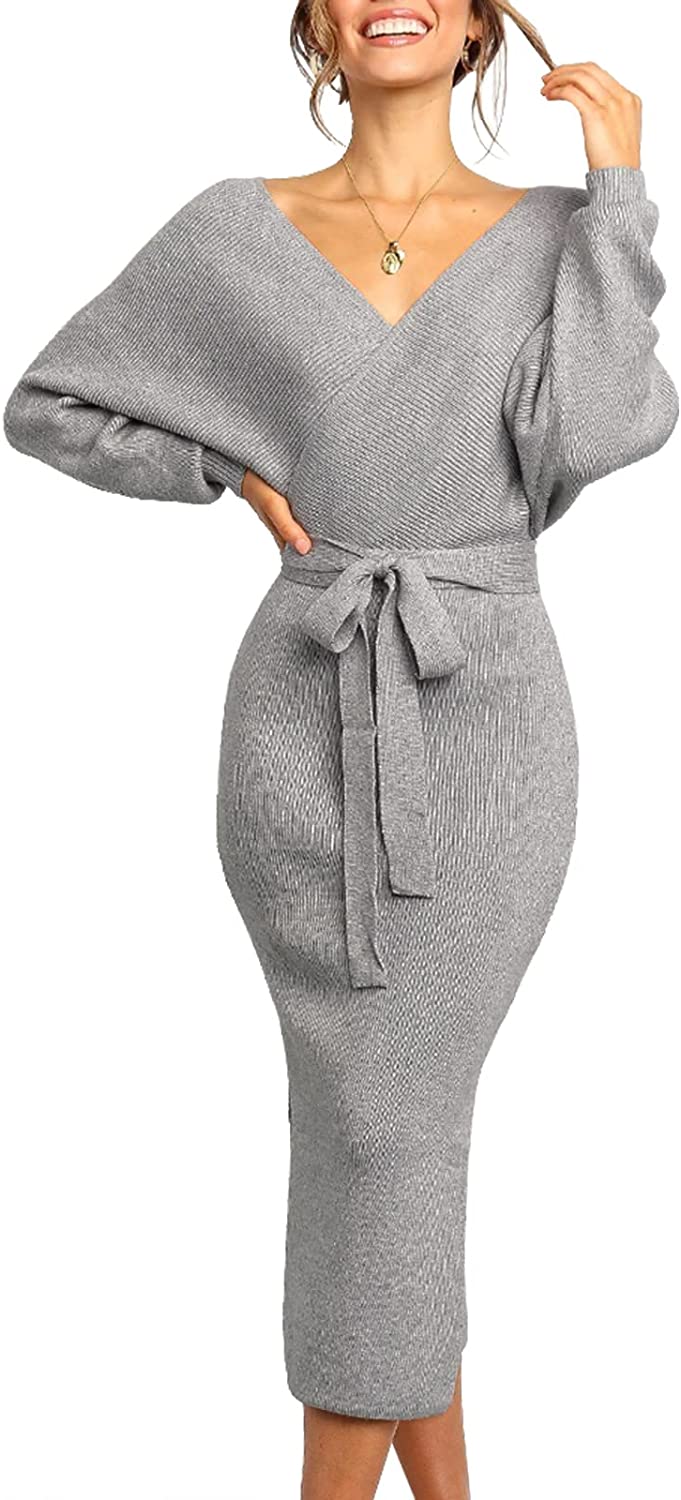 Seindeal Women's Long Maxi Sweater Dresses Sexy Wrap Batwing V Neck Slit Open Back Holiday Bodycon Dress Halloween with Belt