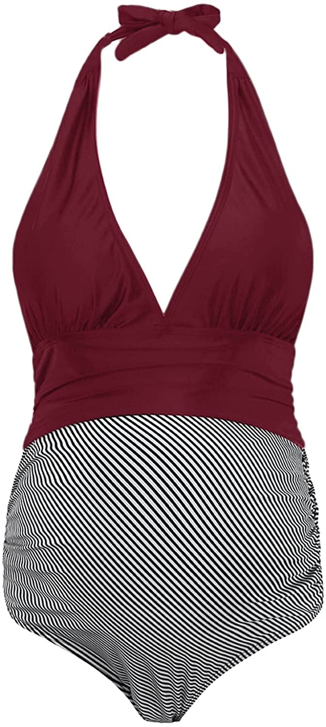 Women One Piece Halter Maternity Swimsuit V Neck Pregnancy Swimwear Soild Striped Patterned Bathing Suit